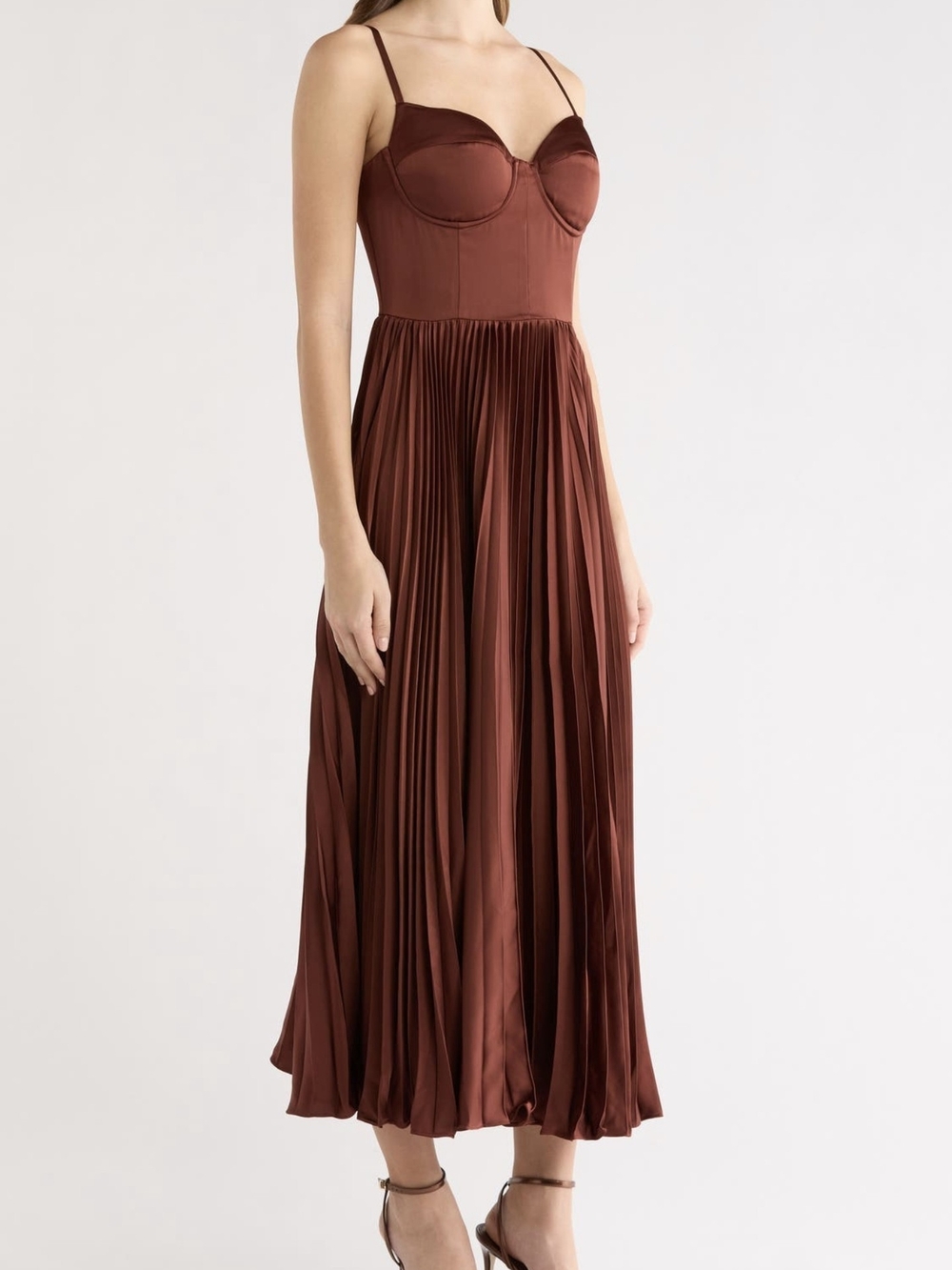 Women's Pleated Satin Midi Dress in Chocolate Brown